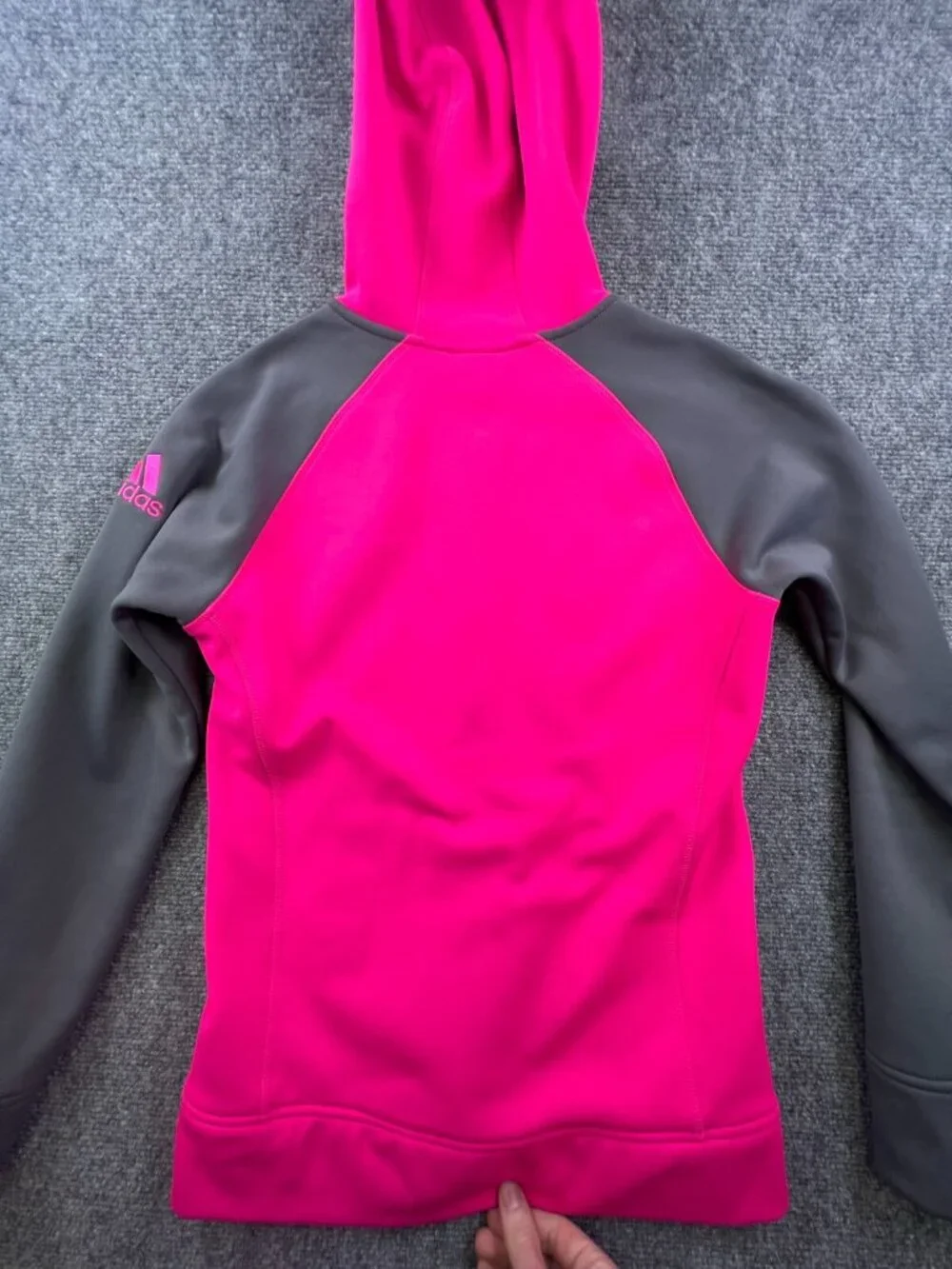 Adidas Girls Jacket 14 Large Gray Pink Hoodie Full Zip w Logo Fleece Inside